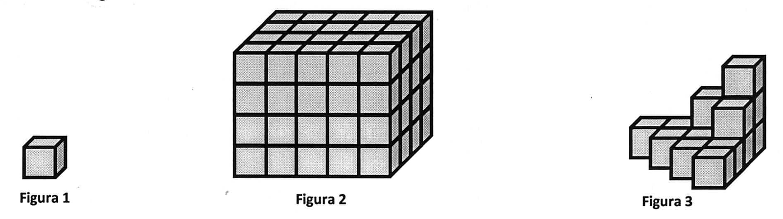 Figura 1: uma caixa cúbica. Figura 2: caixas cúbicas empilhadas formando um bloco em forma de cubo maior, com 4 caixas de largura, 4 de altura e 4 de profundidade. Figura 3: caixas restantes empilhadas em degraus de alturas diferentes.