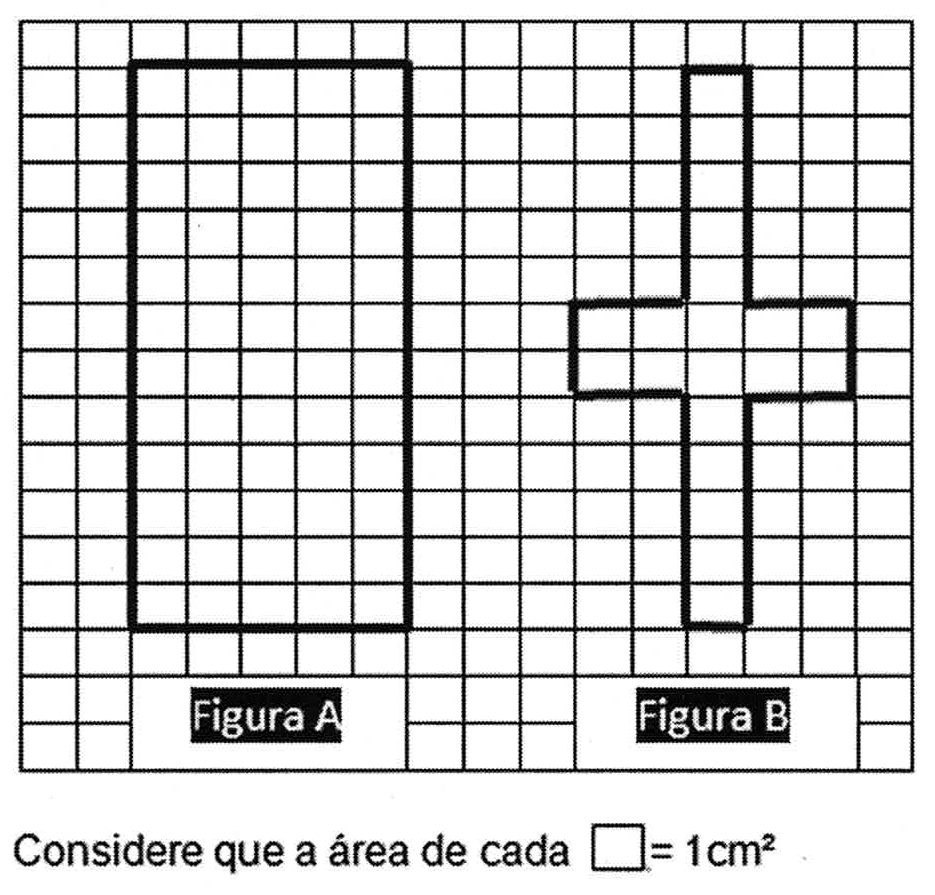 Malha quadriculada com a Figura A, um retângulo, e a Figura B, uma cruz formada por quadradinhos. Abaixo, a indicação: considere que a área de cada quadradinho = 1 cm².