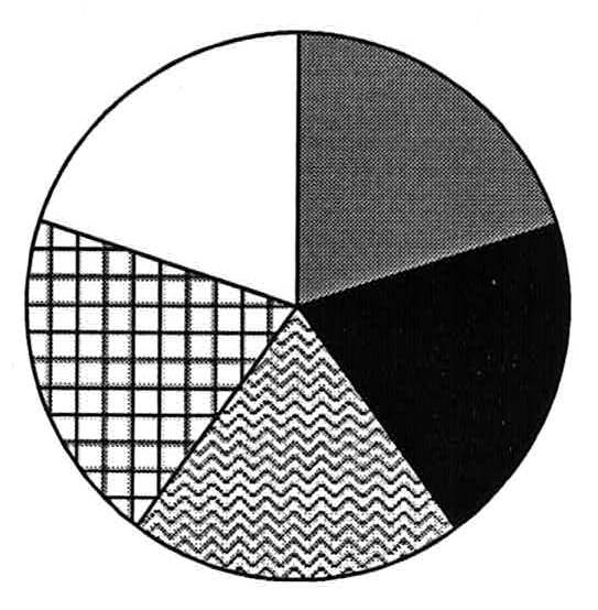 Gráfico de setores da alternativa (E) com setores de Moradia, Alimentação, Estudo, Lazer e Outras despesas em proporções próprias.