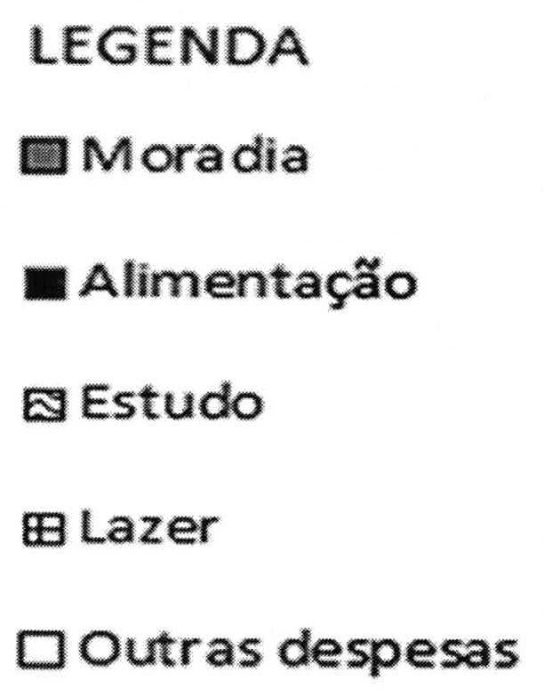 Legenda dos gráficos: Moradia em cinza; Alimentação em preto; Estudo com textura ondulada; Lazer quadriculado; Outras despesas em branco.
