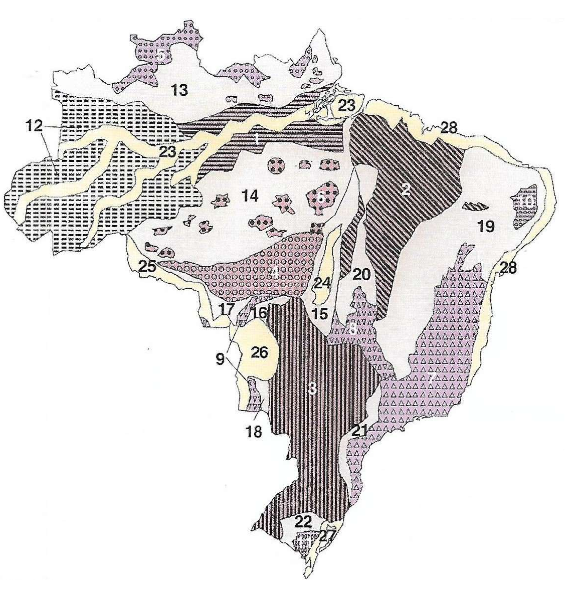 Mapa das unidades de relevo do Brasil segundo Ross, com as unidades identificadas por números de 1 a 28 e preenchimentos com padrões diferentes (hachuras, pontos, triângulos).