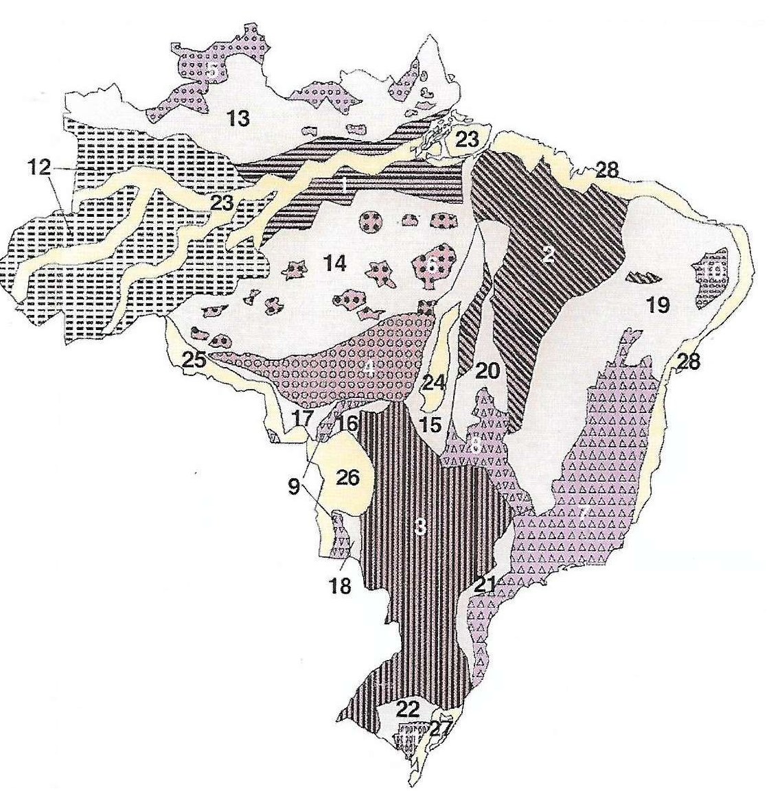 Mapa das unidades de relevo do Brasil segundo Ross, com as unidades numeradas de 1 a 28 e preenchidas por padrões gráficos distintos.