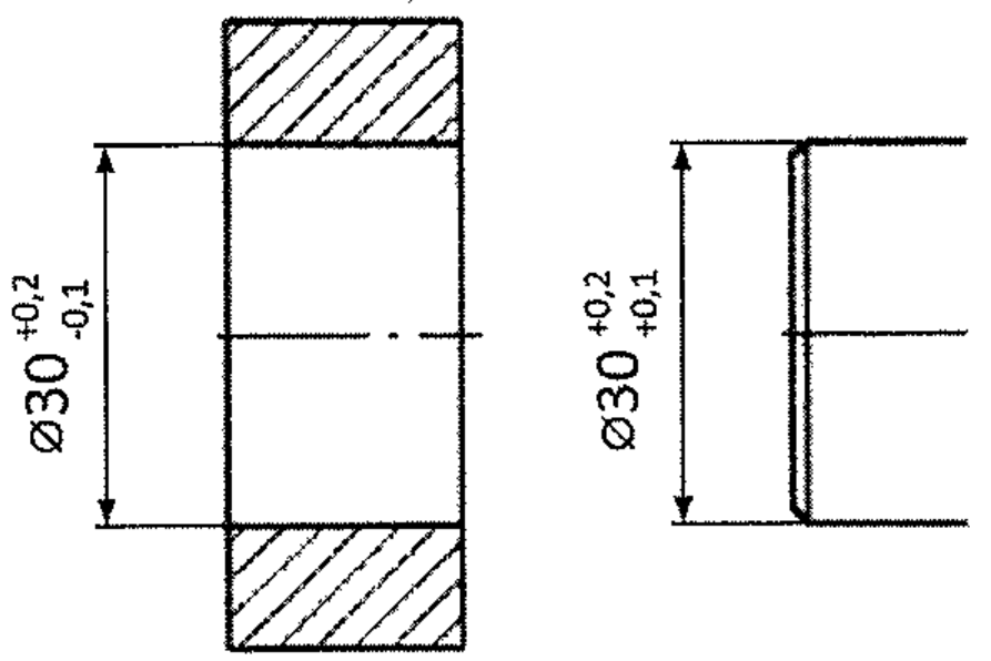 Desenho em corte de um furo com cota Ø30 com afastamentos +0,2 e -0,1 e de um eixo com cota Ø30 com afastamentos +0,2 e +0,1.