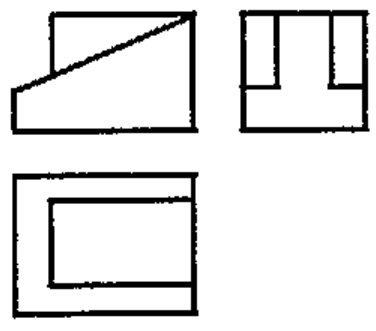 Opção E: conjunto de três vistas ortográficas da peça.