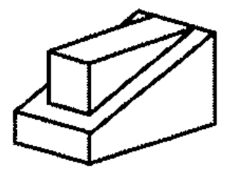 Perspectiva isométrica de uma peça com base em degrau, face inclinada e um bloco retangular apoiado sobre ela.