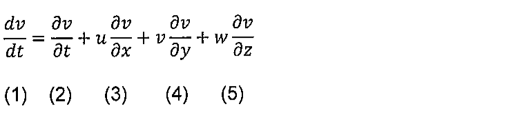 Equação: dv/dt = ∂v/∂t + u ∂v/∂x + v ∂v/∂y + w ∂v/∂z, com os termos numerados abaixo, da esquerda para a direita, de (1) a (5).