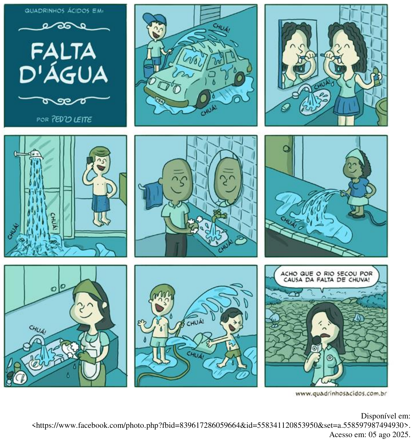 Quadrinhos “Falta d’água” (Quadrinhos Ácidos, por Pedro Leite), em nove quadros: pessoas desperdiçam água lavando o carro com mangueira, escovando os dentes e fazendo a barba com a torneira aberta, tomando banho demorado, lavando a calçada com mangueira, lavando louça com a torneira aberta e brincando com mangueira, sempre com o som “CHUÁ!”; no último quadro, uma repórter diante do solo rachado diz: “ACHO QUE O RIO SECOU POR CAUSA DA FALTA DE CHUVA!” Fonte: https://www.facebook.com/photo.php?fbid=839617286059664&id=558341120853950&set=a.558597987494930. Acesso em: 05 ago 2025.