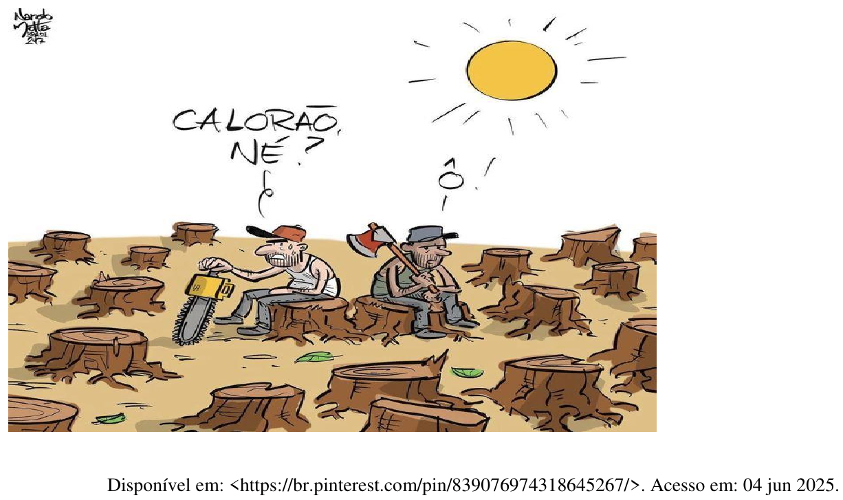 Charge: dois lenhadores, com motosserra e machado, sentados entre muitos tocos de árvores cortadas, sob sol forte; um deles diz “CALORÃO, NÉ?” e o outro responde “Ô!”. Fonte: https://br.pinterest.com/pin/839076974318645267/. Acesso em: 04 jun 2025.