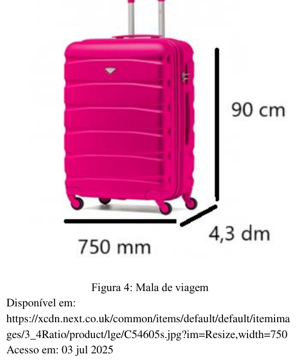 Figura 4: mala de viagem rosa com as medidas indicadas: 90 cm de altura, 750 mm de comprimento e 4,3 dm de largura. Fonte: https://xcdn.next.co.uk/common/items/default/default/itemimages/3_4Ratio/product/lge/C54605s.jpg?im=Resize,width=750 Acesso em: 03 jul 2025.