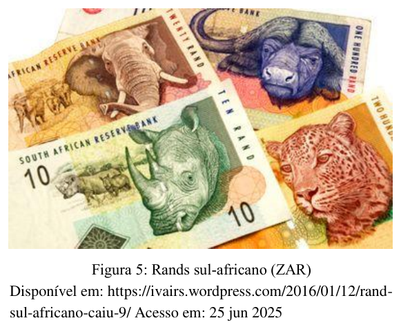 Figura 5: cédulas de rands sul-africanos (ZAR) com animais estampados. Fonte: https://ivairs.wordpress.com/2016/01/12/rand-sul-africano-caiu-9/ Acesso em: 25 jun 2025.