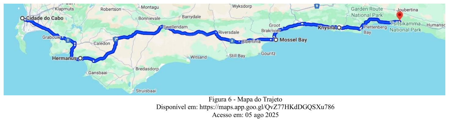 Figura 6: mapa do trajeto na costa sul-africana, com rota em azul passando por Cidade do Cabo, Hermanus, Mossel Bay e Knysna até Storms River. Fonte: https://maps.app.goo.gl/QvZ77HKdDGQSXu786 Acesso em: 05 ago 2025.