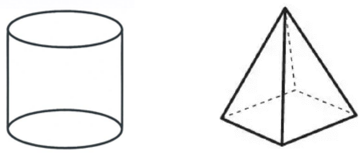 Desenho de Lucas: um cilindro e uma pirâmide de base quadrada, com arestas ocultas tracejadas.