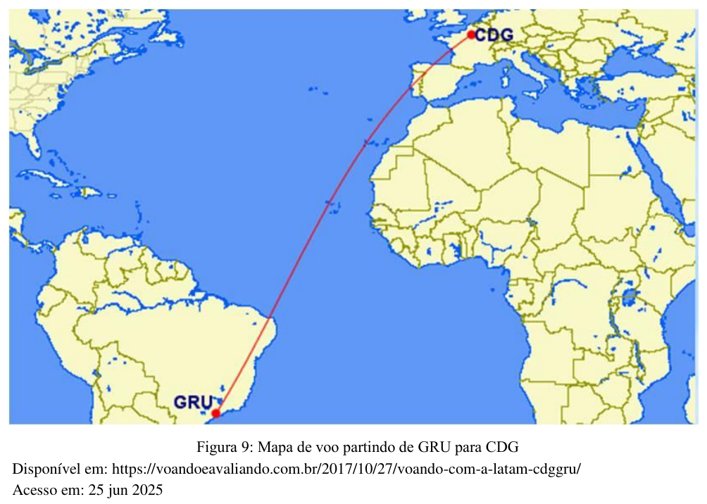 Figura 9: mapa de voo partindo de GRU (São Paulo) para CDG (Paris), com a rota traçada sobre o Oceano Atlântico. Fonte: https://voandoeavaliando.com.br/2017/10/27/voando-com-a-latam-cdggru/ Acesso em: 25 jun 2025.