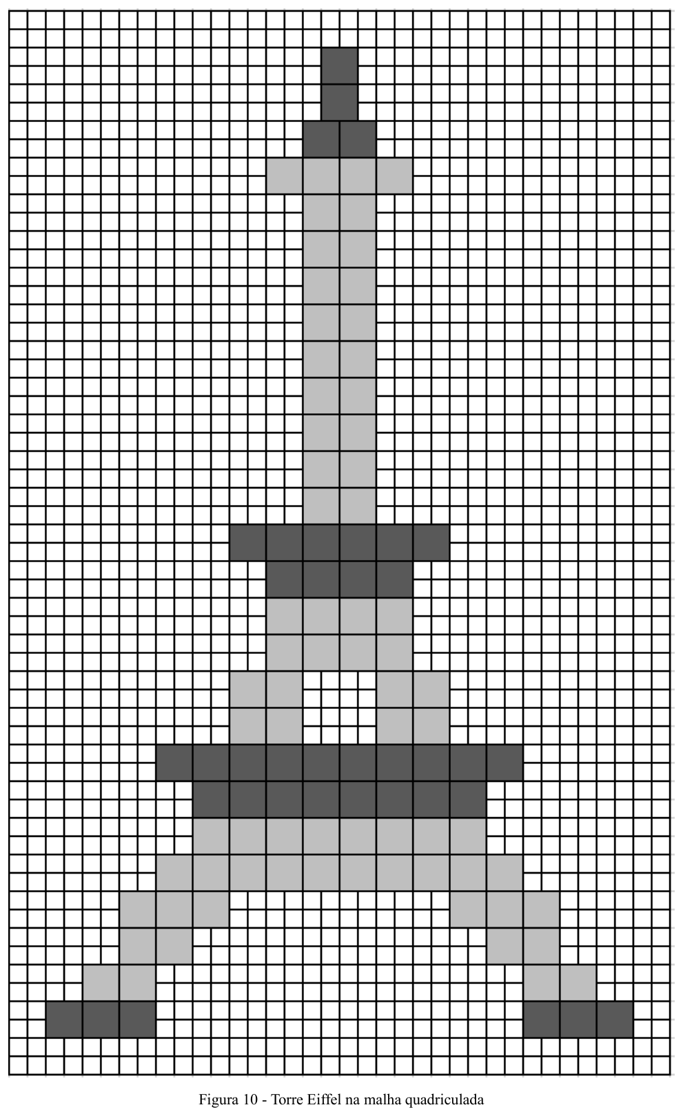 Figura 10: desenho da Torre Eiffel em malha quadriculada, formado por quadrados pintados de cinza-escuro e de cinza-claro.