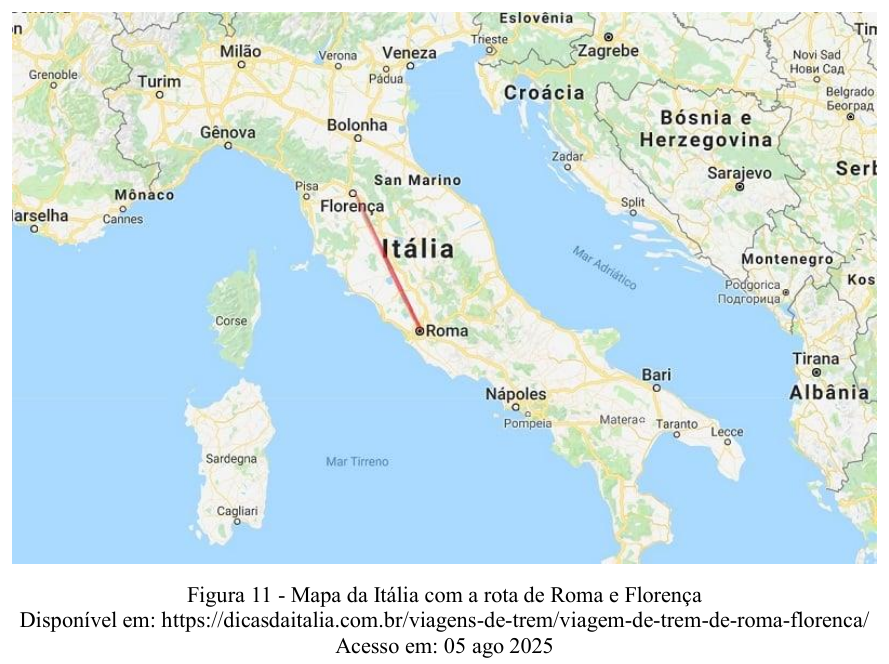 Figura 11: mapa da Itália com a rota de Roma a Florença destacada em vermelho. Fonte: https://dicasdaitalia.com.br/viagens-de-trem/viagem-de-trem-de-roma-florenca/ Acesso em: 05 ago 2025.