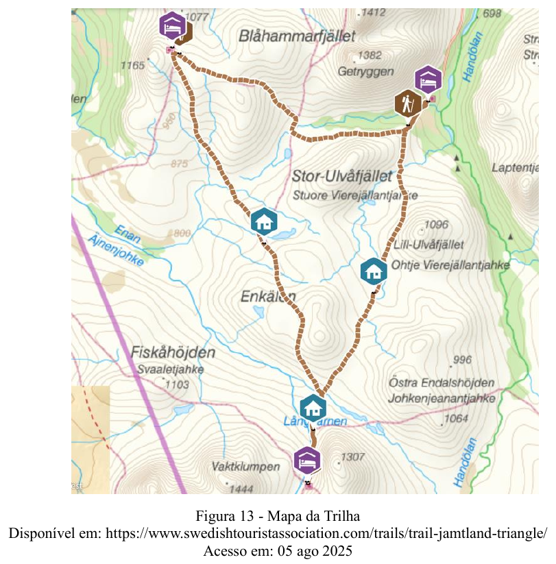 Figura 13: mapa da trilha Triângulo de Jämtland, com o percurso triangular tracejado entre refúgios de montanha. Fonte: https://www.swedishtouristassociation.com/trails/trail-jamtland-triangle/ Acesso em: 05 ago 2025.