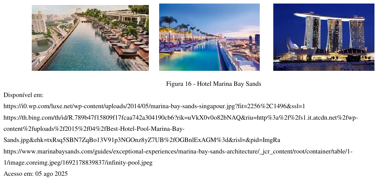 Figura 16: três fotografias do Hotel Marina Bay Sands e de sua piscina de borda infinita, com a lista de endereços de origem das imagens (acesso em 05 ago 2025).