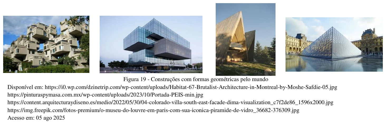 Figura 19: fotografias das quatro construções — Habitat 67, Universidade de Monterrey Campus Sinaloa, cabana em forma de prisma triangular e pirâmide de vidro do Louvre — com os endereços de origem das imagens (acesso em 05 ago 2025).