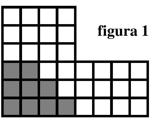 Figura 1: terreno desenhado em malha quadriculada, formado por um bloco de 4 colunas e 3 linhas de quadrados sobre uma faixa de 8 colunas e 3 linhas; alguns quadrados no canto inferior esquerdo estão pintados de cinza (mata).