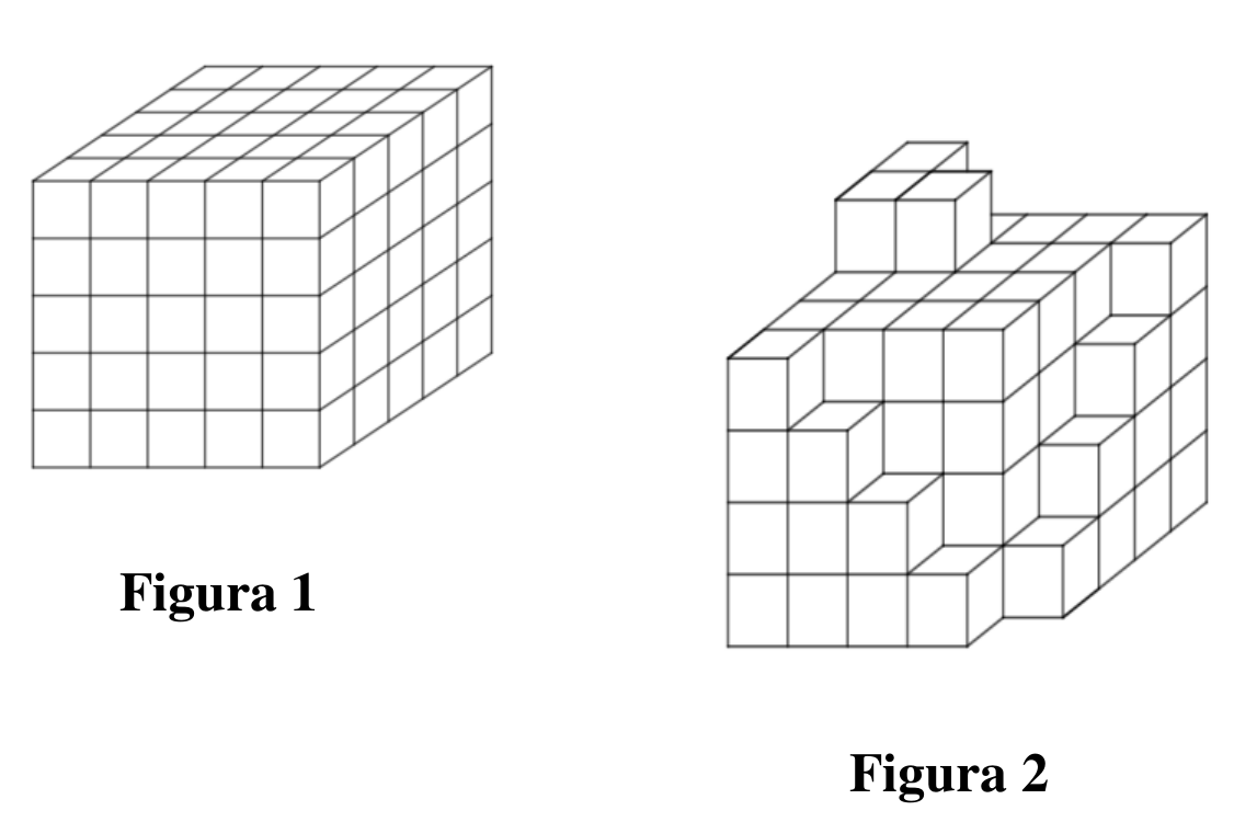 Figura 1: caixas empilhadas formando um bloco em forma de cubo, desenhado em perspectiva. Figura 2: o mesmo empilhamento após a retirada de algumas caixas, com degraus e algumas caixas soltas no topo.