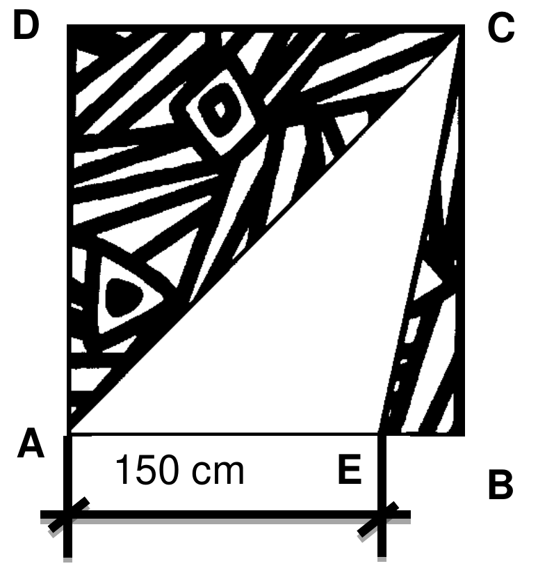 Painel quadrado ABCD com vértices D e C em cima e A e B embaixo, preenchido por desenhos em preto e branco; o triângulo AEC aparece em branco, com E sobre o lado AB e a medida 150 cm indicada entre A e E.