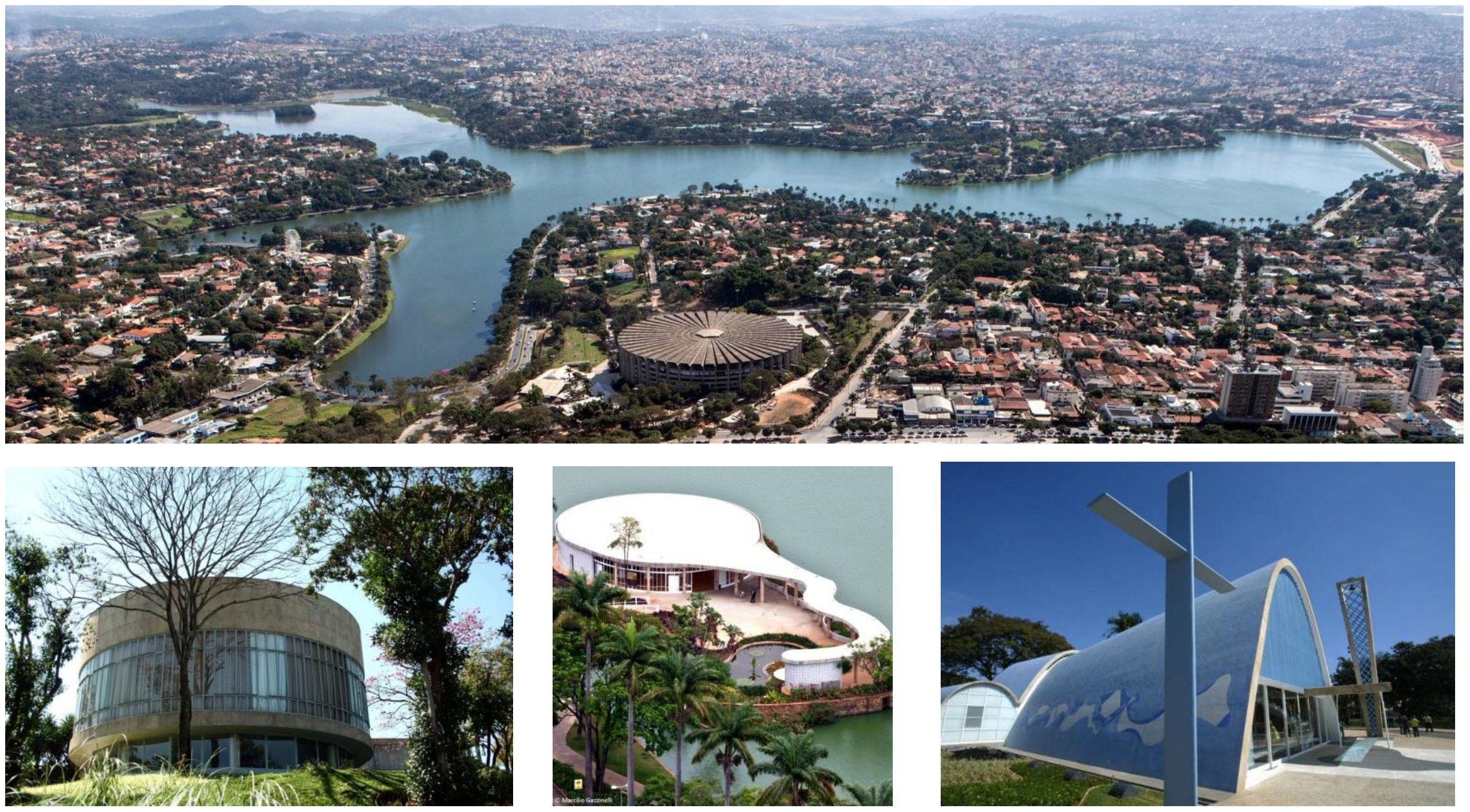 Quatro fotografias do Conjunto da Pampulha: vista aérea da lagoa de contorno sinuoso cercada pela cidade; edifício de fachada arredondada envidraçada entre árvores; construção com cobertura de contorno ondulado junto a palmeiras; Igreja de São Francisco com cobertura em abóbadas curvas, cruz e torre do sino.