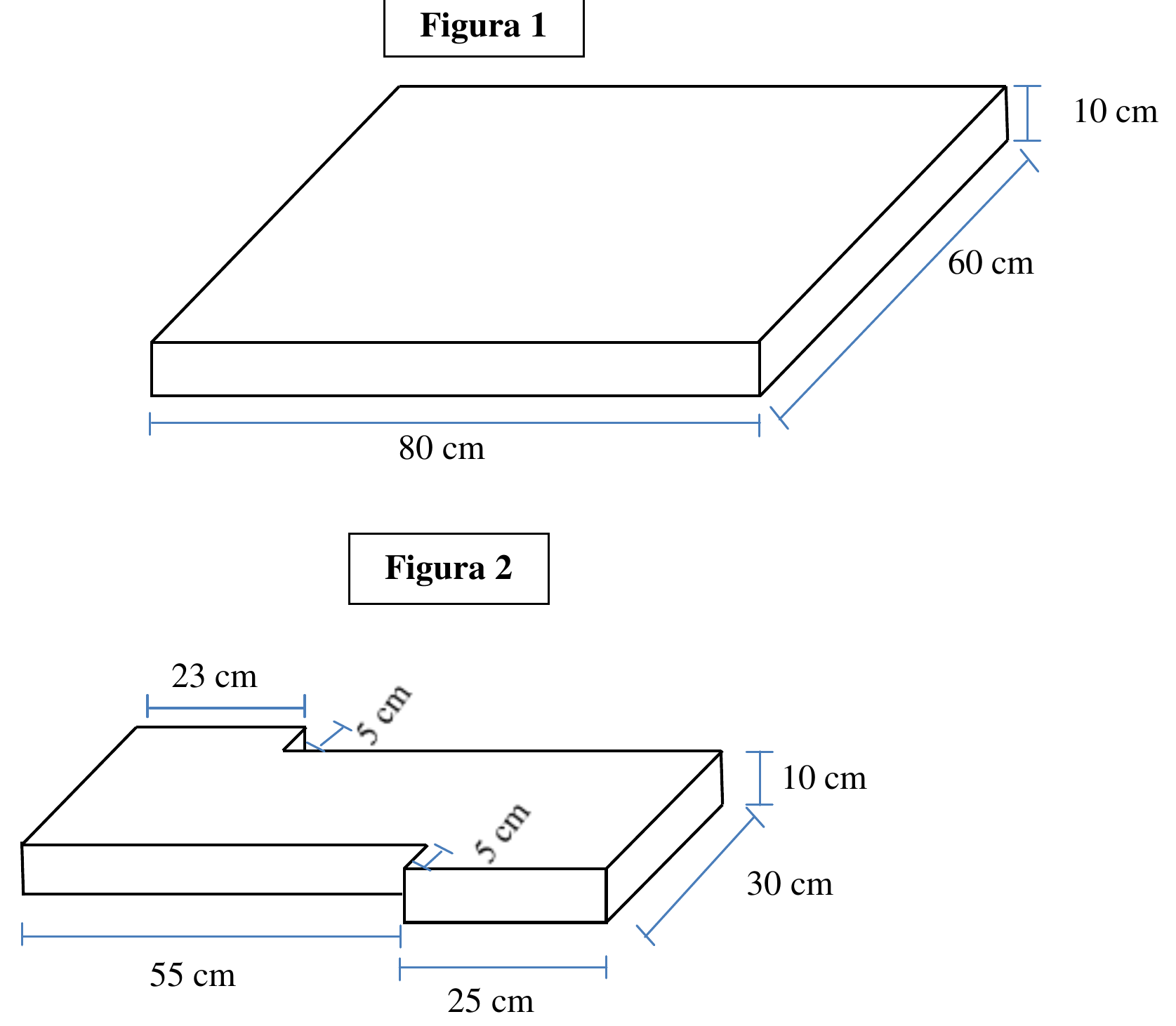 Figura 1: bolo em forma de paralelepípedo com 80 cm, 60 cm e 10 cm de altura. Figura 2: parte restante do bolo, com 10 cm de altura e recortes, com medidas indicadas de 23 cm, 5 cm, 5 cm, 55 cm, 25 cm e 30 cm.