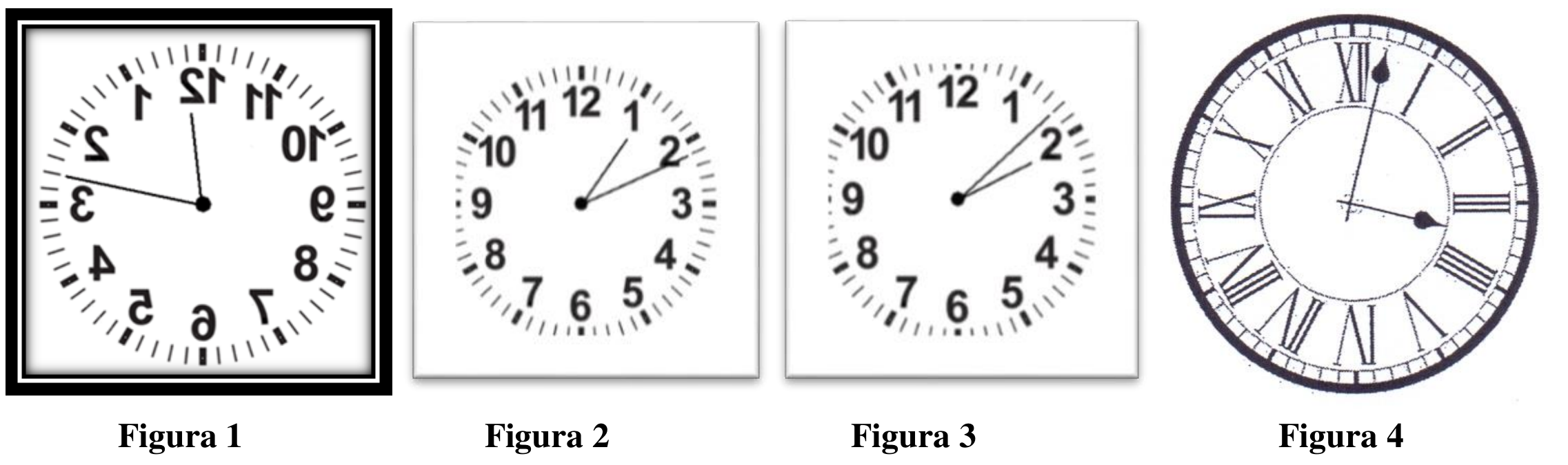 Quatro relógios analógicos: figura 1, relógio de parede visto no espelho, com os números invertidos; figuras 2 e 3, relógios com ponteiros em posições próximas entre si; figura 4, relógio com algarismos romanos.