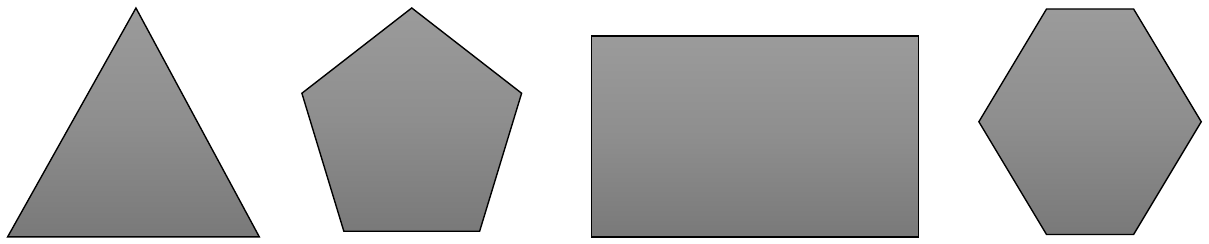 Quatro figuras planas cinzentas lado a lado: um triângulo, um pentágono, um retângulo e um hexágono.