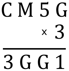 Multiplicação armada: C M 5 G vezes 3 é igual a 3 G G 1.