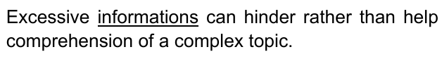 Excessive informations can hinder rather than help comprehension of a complex topic. Palavra sublinhada: “informations”.