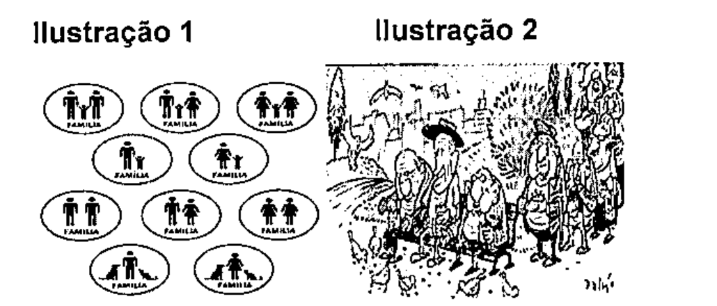 Ilustração 1: nove ícones ovais rotulados "Família" com diferentes composições familiares (casais de sexos diversos com ou sem filhos, pai ou mãe sozinhos com filho, e adultos com animais de estimação). Ilustração 2: charge com grupo de pessoas idosas sentadas e de pé em uma praça, com pombos ao redor.