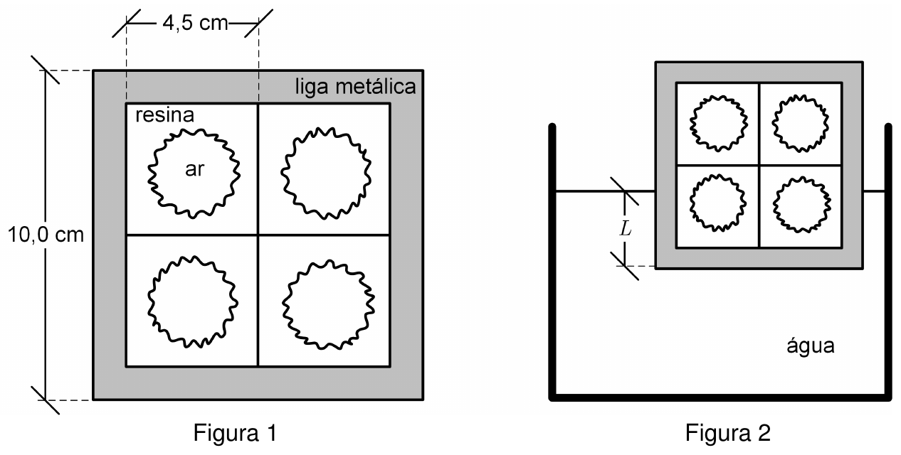Figura 1: corte de cubo metálico de aresta 10,0 cm, com camada de liga metálica envolvendo quatro cubos de resina visíveis de aresta 4,5 cm, cada um com cavidade de ar irregular. Figura 2: o mesmo cubo flutuando em um recipiente com água, com a parte submersa de comprimento L indicada.
