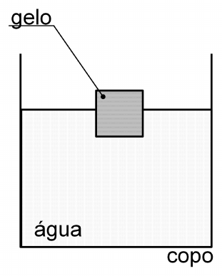 Copo com água e um bloco de gelo flutuando.