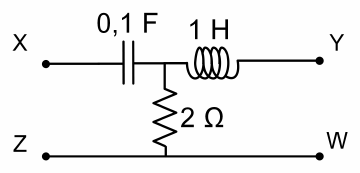 Entre X e Y: capacitor de 0,1 F em série com indutor de 1 H; resistor de 2 Ω do nó entre eles até a linha Z–W.