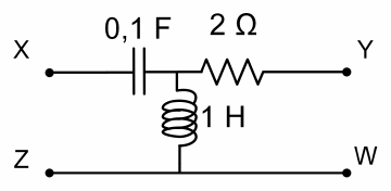 Entre X e Y: capacitor de 0,1 F em série com resistor de 2 Ω; indutor de 1 H do nó entre eles até a linha Z–W.