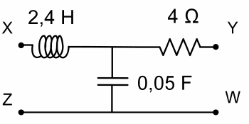 Entre X e Y: indutor de 2,4 H em série com resistor de 4 Ω; capacitor de 0,05 F do nó entre eles até a linha Z–W.