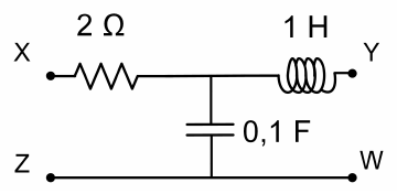 Entre X e Y: resistor de 2 Ω em série com indutor de 1 H; capacitor de 0,1 F do nó entre eles até a linha Z–W.