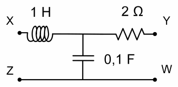 Entre X e Y: indutor de 1 H em série com resistor de 2 Ω; capacitor de 0,1 F do nó entre eles até a linha Z–W.