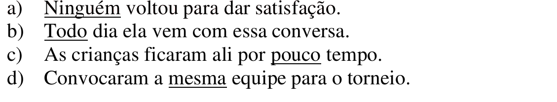 Reprodução das alternativas a) a d) da questão 20 com os pronomes grifados sublinhados: “Ninguém”, “Todo”, “pouco” e “mesma”.