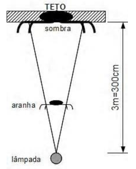 Lâmpada embaixo, aranha acima dela e teto no alto; duas retas partem da lâmpada, tangenciam a aranha e chegam ao teto, delimitando a sombra. A distância entre a lâmpada e o teto é indicada como 3m=300cm.