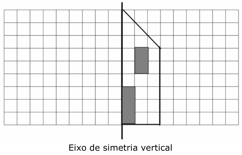 Malha quadriculada com um eixo de simetria vertical. À direita do eixo, figura contornada com dois retângulos pintados de cinza; abaixo, a legenda 'Eixo de simetria vertical'.
