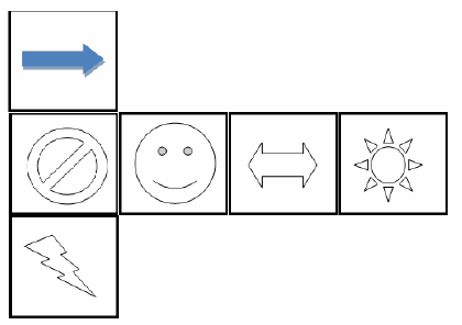 Planificação de cubo da alternativa A, com faces contendo seta azul, símbolo de proibido, rosto, seta dupla, sol e raio.