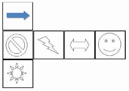 Planificação de cubo da alternativa C, com faces contendo seta azul, símbolo de proibido, rosto, seta dupla, sol e raio.