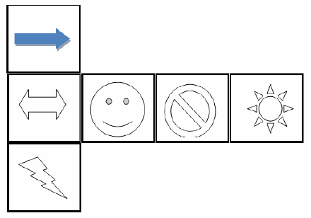 Planificação de cubo da alternativa D, com faces contendo seta azul, símbolo de proibido, rosto, seta dupla, sol e raio.