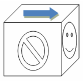 Cubo em perspectiva com uma seta azul apontando para a direita na face superior, um símbolo de proibido na face frontal e um rosto sorridente na face lateral direita.