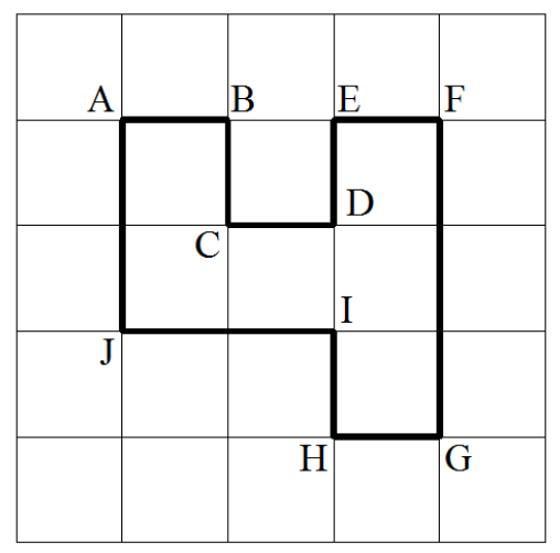 Malha quadriculada de 5 por 5 quadradinhos com um polígono de contorno destacado e vértices identificados pelas letras A, B, C, D, E, F, G, H, I e J.