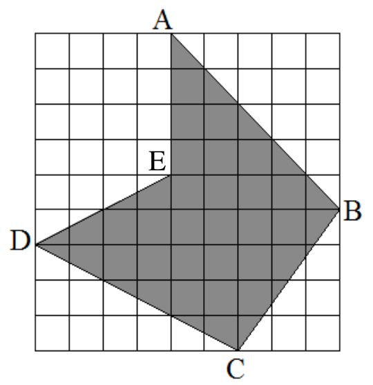 Malha quadriculada de 9 por 9 quadrados com o polígono ABCDE sombreado; os vértices A, B, C, D e E coincidem com vértices da malha.