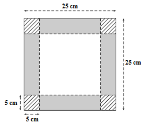 Folha quadrada com lados de 25 cm; nos quatro cantos, quadrados hachurados de lado 5 cm; entre eles, quatro retângulos cinza junto às bordas, delimitados por linhas tracejadas, e um quadrado branco central.