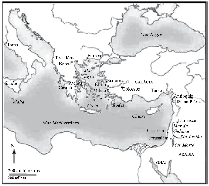 Mapa do Mediterrâneo oriental com os lugares visitados pelo Apóstolo Paulo: Roma, Sicília, Malta, Tessalônica, Bereia, Filipos, Atenas, Corinto, Éfeso, Esmirna, Mileto, Colossos, Rodes, Creta, Galácia, Tarso, Antioquia, Selêucia Piéria, Chipre, Damasco, Cesareia, Jerusalém, Mar da Galiléia, Rio Jordão, Mar Morto, Arábia e Sinai; também indicados Mar Negro, Mar Egeu e Mar Mediterrâneo. Rosa dos ventos com o norte e escala de 200 quilômetros / 200 milhas.